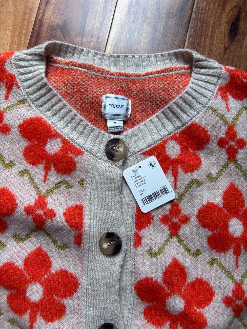 Maeve Cream Cardigan with Bright Orange Floral Knit - Picture 3 of 4